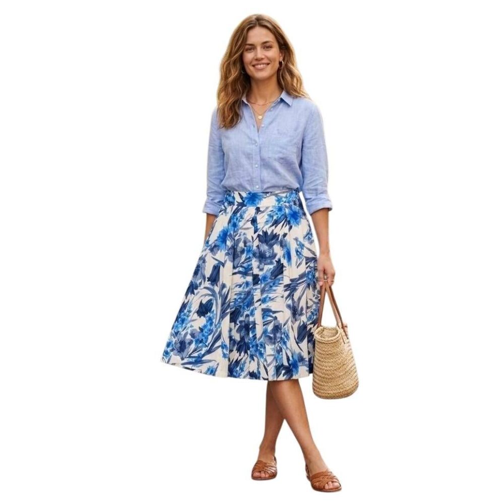 Lily Blue Floral A-Line Midi Skirt with Pockets - Size M